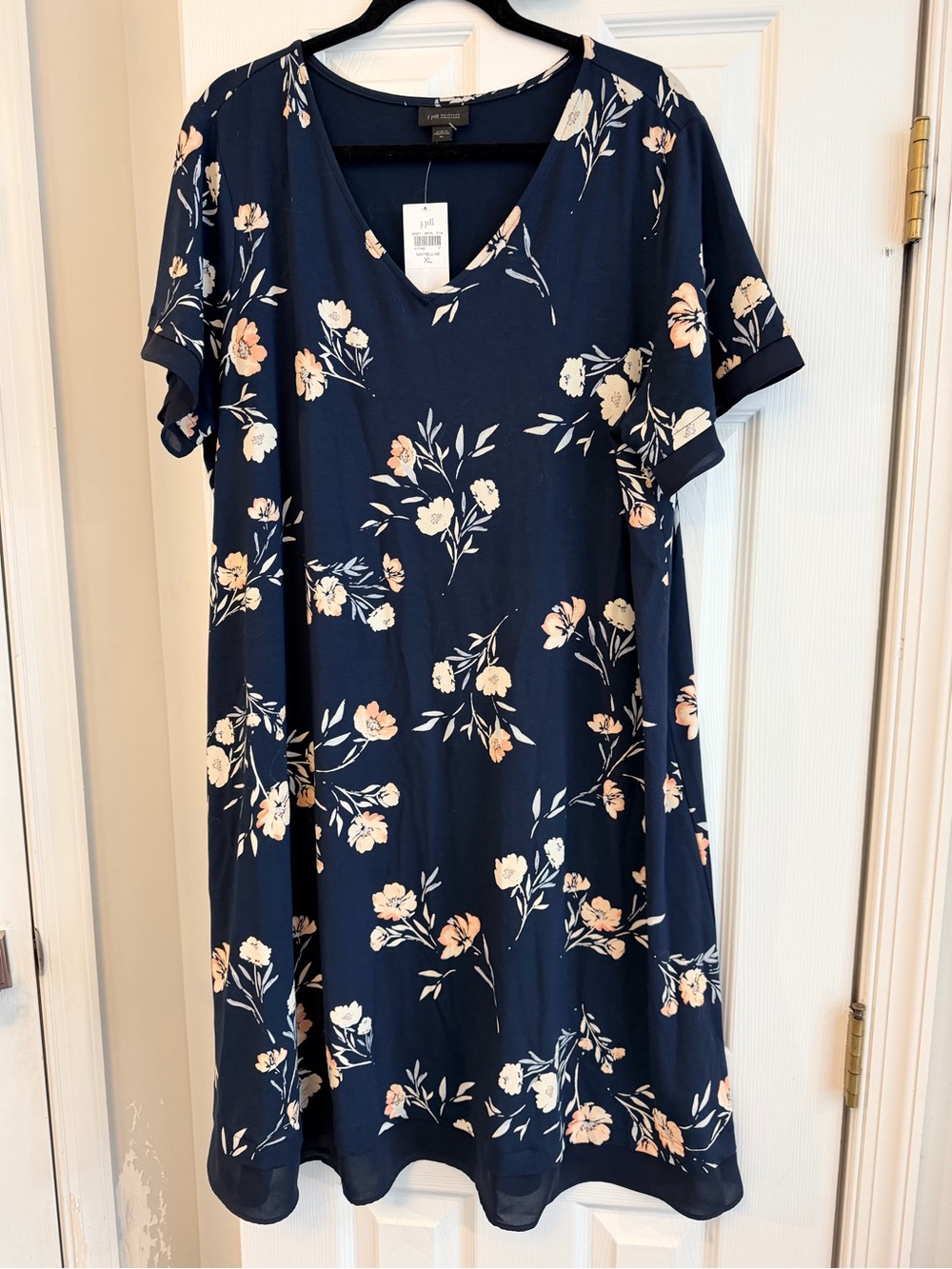 J. Jill Navy Floral V-Neck Midi Dress with Peach Accents